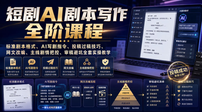 短剧AI剧本写作全阶课程｜标准剧本格式、AI写剧指令、投稿过稿技巧、网文改编、主线剧情把控、审稿避坑全套实操教学-驿想项目网