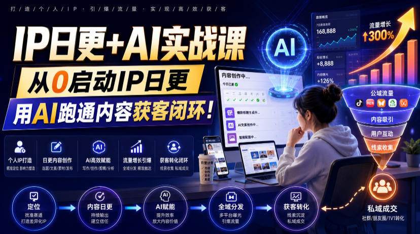 IP日更+AI实战课，从0启动IP日更，IP置顶视频制作+100条选题库搭建+10条日更规划，用AI跑通内容获客闭环!-驿想项目网