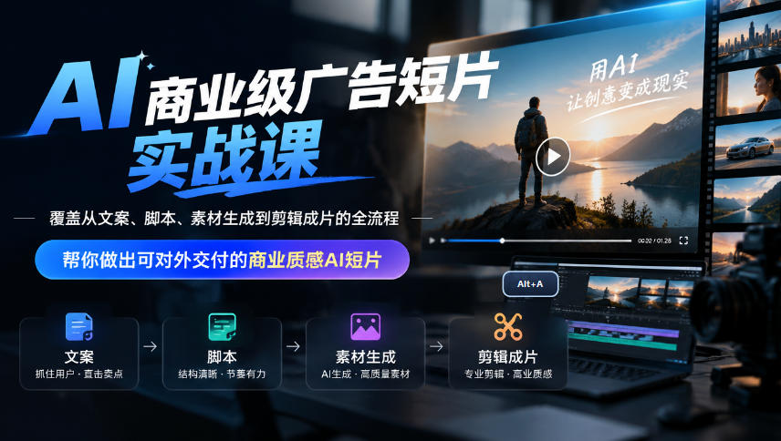 AI商业级广告短片实战课，覆盖从文案、脚本、素材生成到剪辑成片的全流程，帮你做出可对外交付的商业质感AI短片-驿想项目网