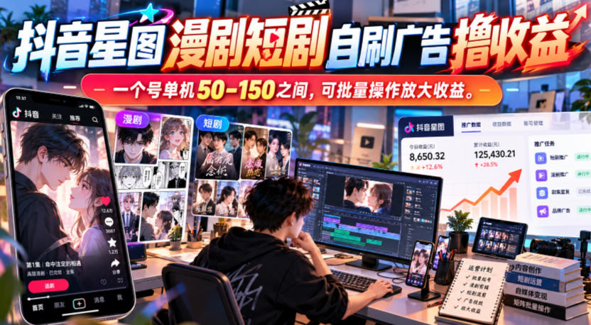 抖音星图漫剧短剧自刷广告撸收益，一个号单机50-150之间，可批量操作放大收益-驿想项目网