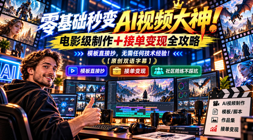 零基础秒变AI视频大神！电影级制作+接单变现全攻略，模板直接抄，无需任何技术经验！【原创双语字幕】-驿想项目网
