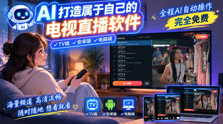 一个提示词，AI全自动做出电视直播软件，电脑、安卓、电视三端通用，完全免费，画质流畅不卡顿-驿想项目网