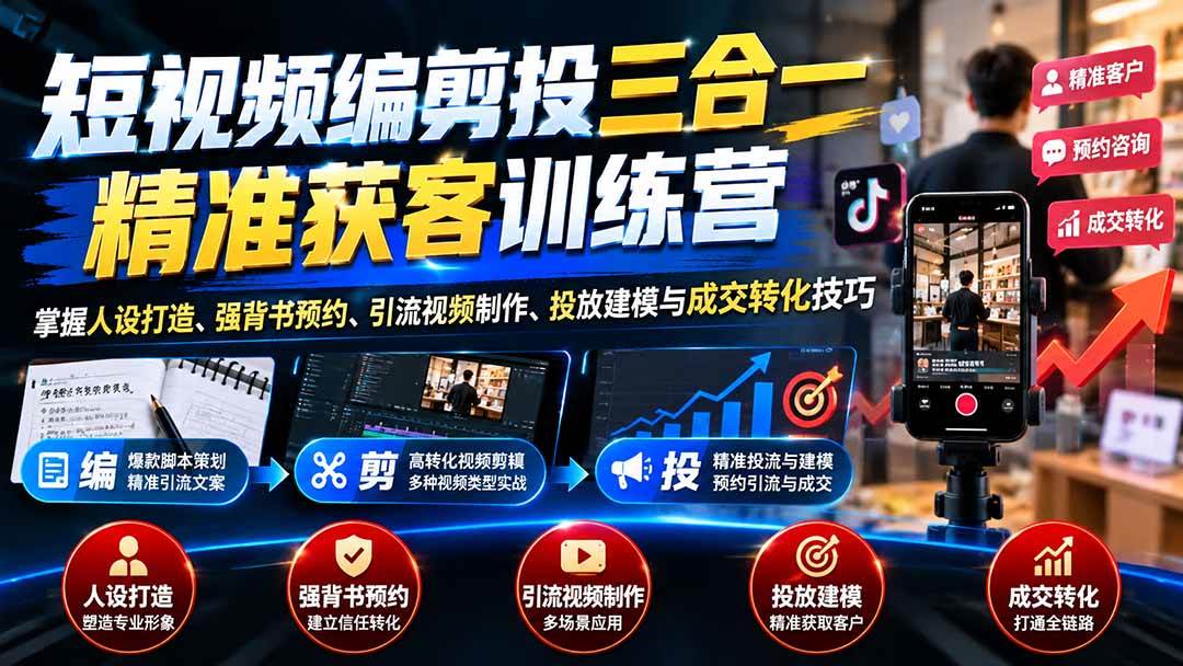 （20910期）短视频编剪投三合一精准获客训练营：掌握人设打造、强背书预约、引流视频制作、投放建模与成交转化技巧-驿想项目网