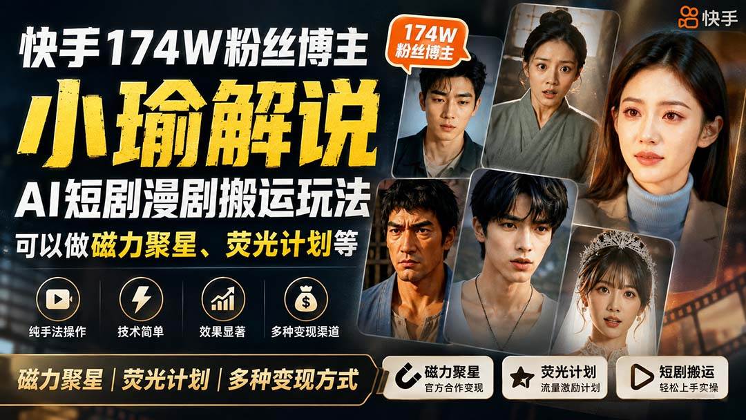 （20109期）快手174W粉丝博主小瑜解说AI短剧漫剧搬运玩法，可以做磁力聚星、荧光计划等-驿想项目网