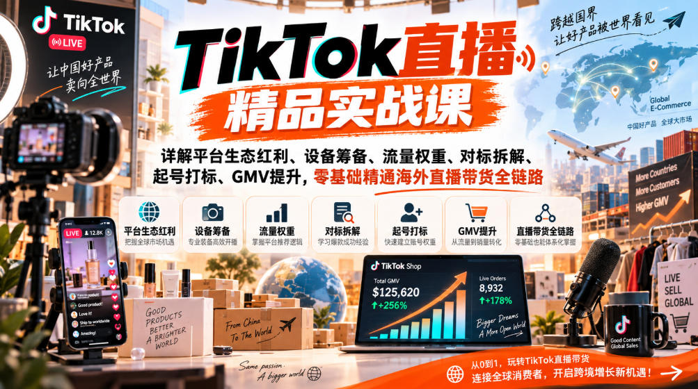 TikTok直播精品实战课,详解平台生态红利、设备筹备、流量权重、对标拆解、起号打标、GMV提升,零基础精通海外直播带货全链路 TikTok直播精品实战课,详解平台生态红利、设备筹备、流量权重、对标拆解、起号打标、GMV提升,零基础精通海外直播带货全链路