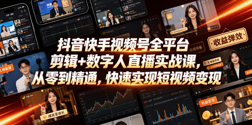 抖音快手视频号全平台剪辑+数字人直播实战课，从零到精通，快速实现短视频变现(更新2026年10月)-驿想项目网