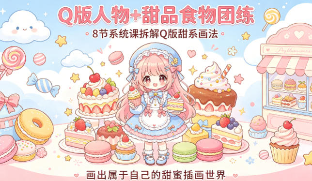 Q版人物+甜品食物团练,8节系统课拆解Q版甜系画法,画出属于自己的甜蜜插画世界-驿想项目网
