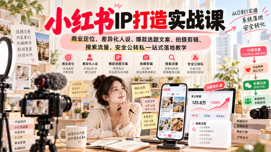 小红书ip打造实战课,商业定位、差异化人设、爆款选题文案、拍摄剪辑、搜索流量、安全公转私一站式落地教学-驿想项目网