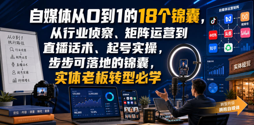 自媒体从0到1的18个锦囊,从行业侦察、矩阵运营到直播话术、起号实操,步步可落地的锦囊,实体老板转型必学-驿想项目网