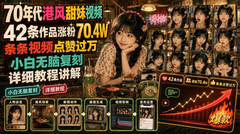70年代港风甜妹视频，42条作品涨粉70.4W，条条视频点赞过万，小白无脑复刻，详细教程讲解-驿想项目网