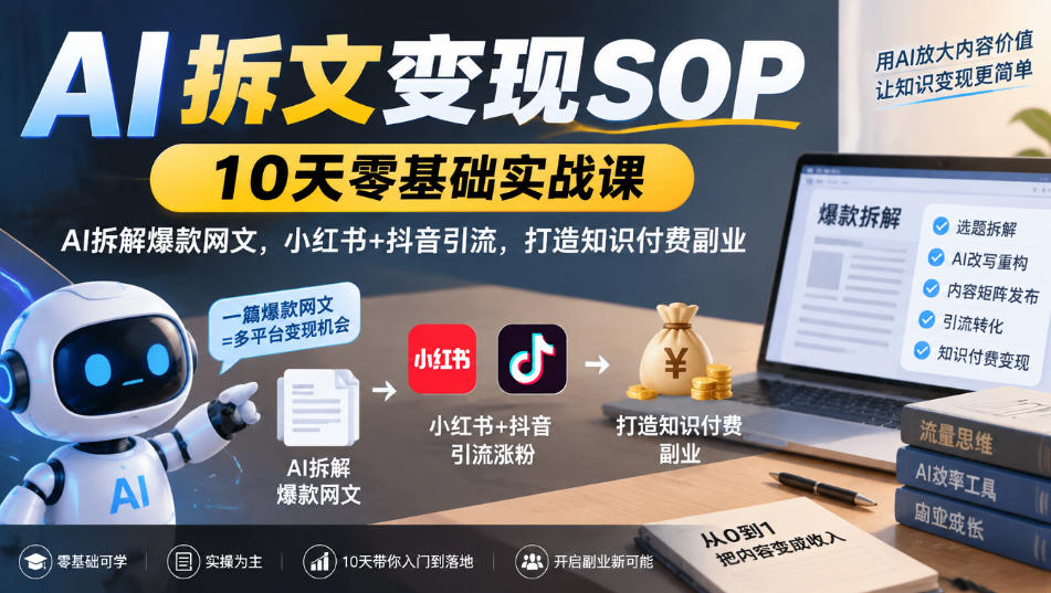 AI拆文变现SOP｜10天零基础实战课，AI拆解爆款网文，小红书+抖音引流，打造知识付费副业-驿想项目网
