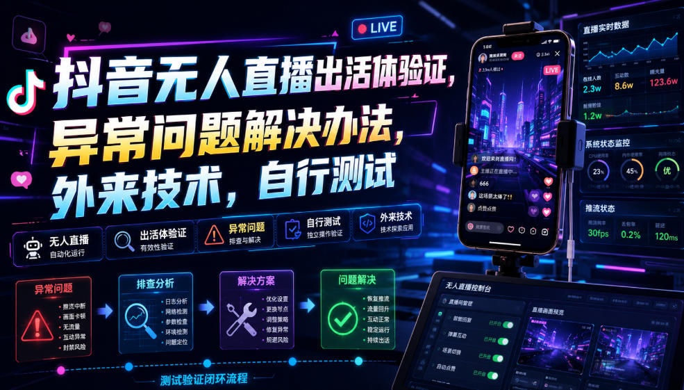 抖音无人直播出活体验证，异常问题解决办法，外来技术，自行测试-驿想项目网