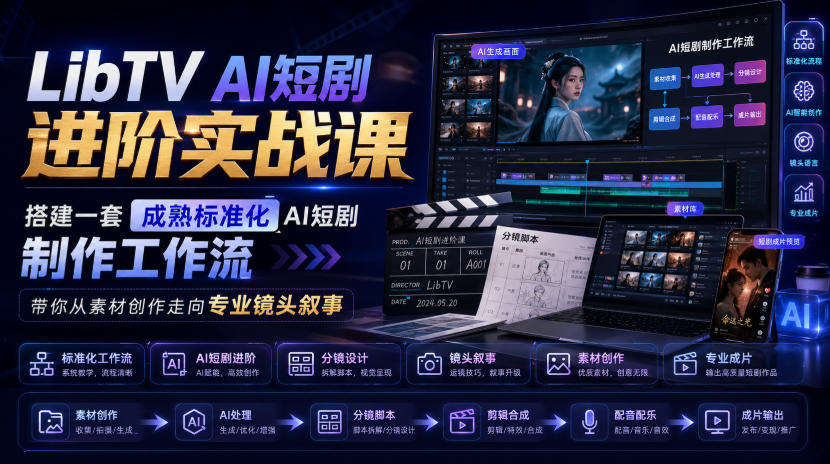 LibTV AI短剧进阶实战课，搭建一套成熟标准化AI短剧制作工作流，带你从素材创作走向专业镜头叙事（更新）-驿想项目网
