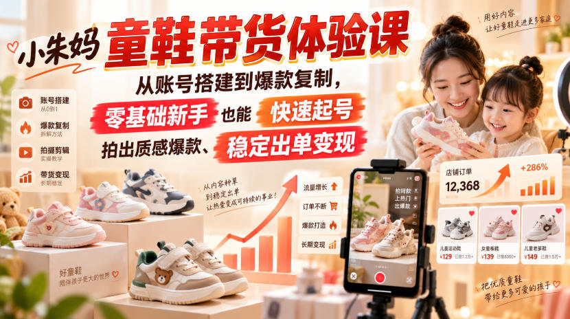 小朱妈童鞋带货体验课,从账号搭建到爆款复制,零基础新手也能快速起号、拍出质感爆款、稳定出单变现-驿想项目网