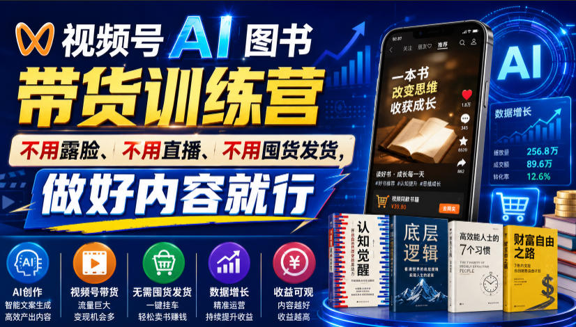 视频号AI图书带货训练营,不用露脸、不用直播、不用囤货发货,做好内容就行,一条爆款视频佣金8942-驿想项目网