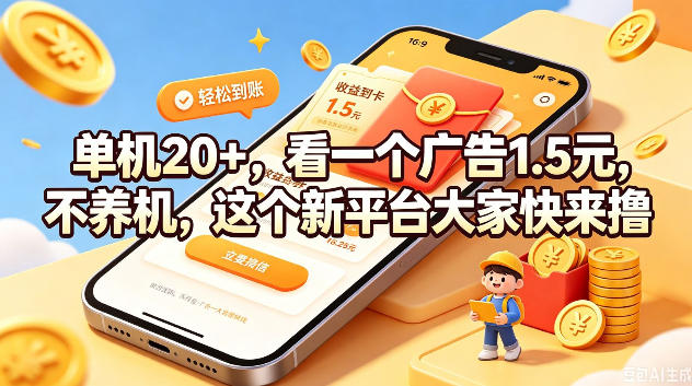 单机20+，看一个广告1.5米，不养机，这个新平台大家快来撸【揭秘】-驿想项目网
