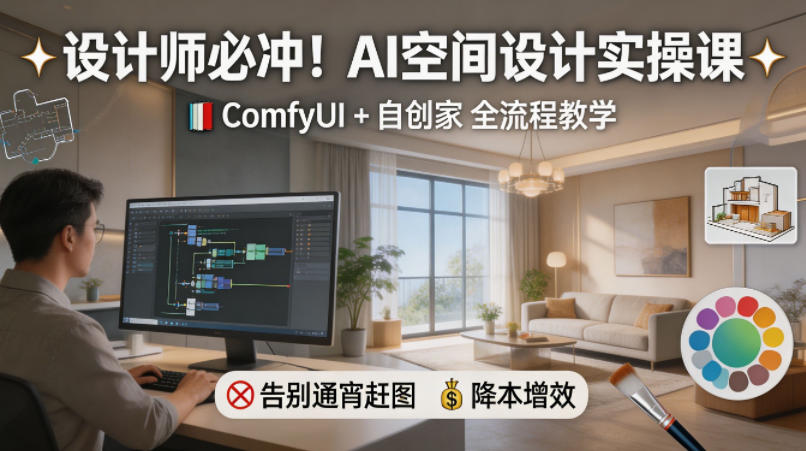 设计师必冲！AI空间设计实操课，ComfyUI+自创家全教学，告别通宵赶图，降本增效-驿想项目网