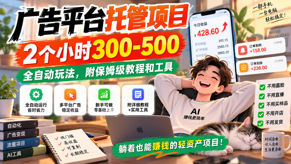 广告平台托管项目,2个小时300-500,全自动玩法,附保姆级教程和工具,小白照着就能做【揭秘】-驿想项目网