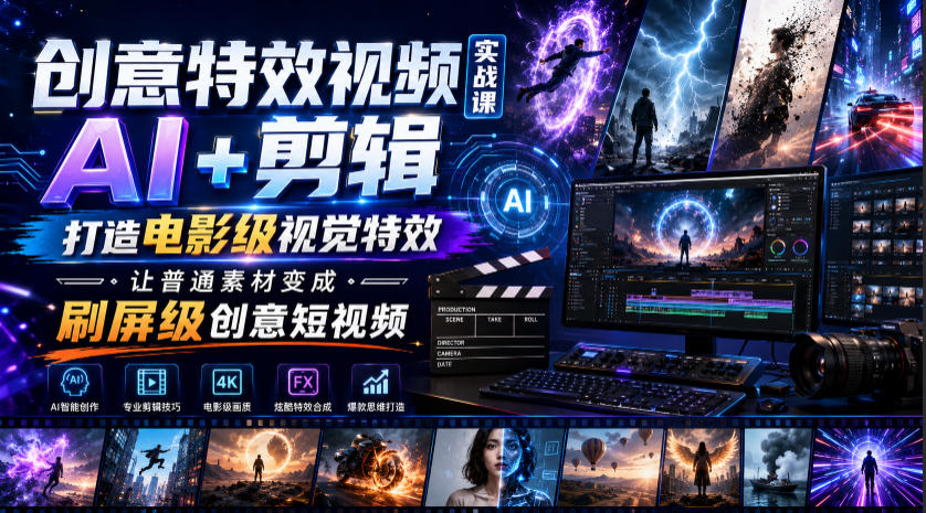 创意特效视频实战课，AI+剪辑打造电影级视觉特效，让普通素材变成刷屏级创意短视频-驿想项目网
