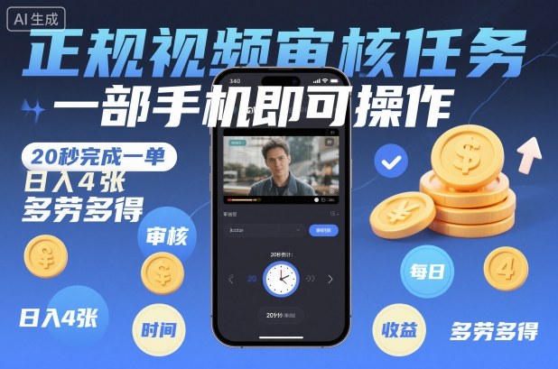 正规视频审核任务,一部手机即可操作,20秒完成一单,日入4张,多劳多得【揭秘】-驿想项目网