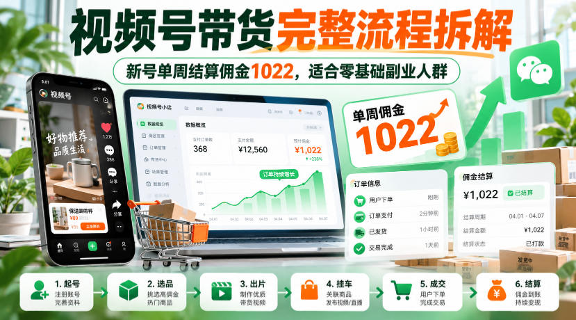 视频号带货完整流程拆解，新号单周结算佣金1022，适合零基础副业人群-驿想项目网