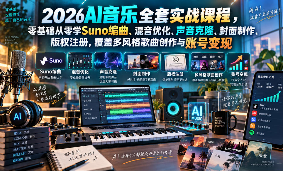 2026AI音乐实战课程,零基础从零学Suno编曲、混音优化、声音克隆、版权注册,覆盖多风格歌曲创作与账号变现 2026AI音乐实战课程,零基础从零学Suno编曲、混音优化、声音克隆、版权注册,覆盖多风格歌曲创作与账号变现