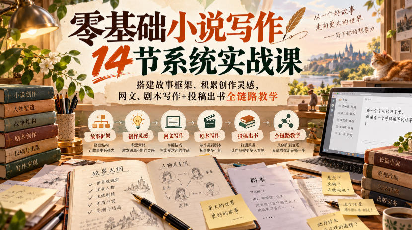 零基础小说写作14节系统实战课，搭建故事框架，积累创作灵感，网文、剧本写作+投稿出书全链路教学-驿想项目网