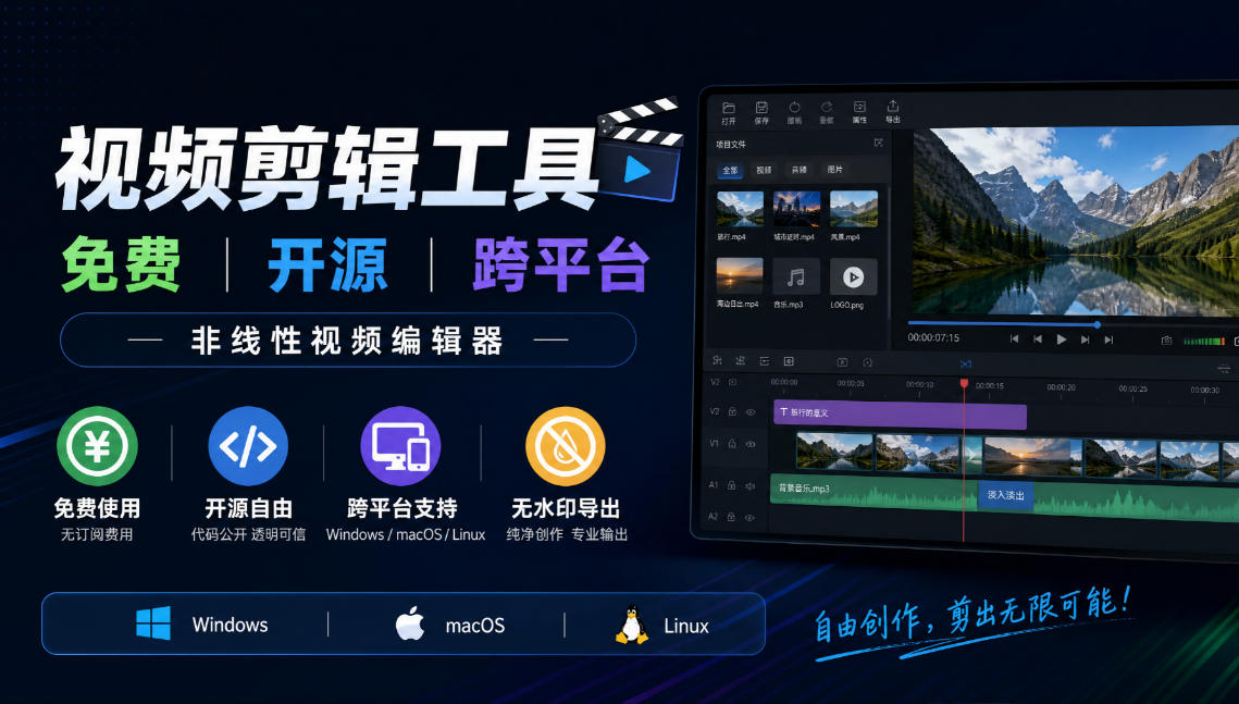 视频剪辑工具，免费、开源、跨平台，非线性视频编辑器，支持Windows、macOS、Linux，无水印、无订阅费用-驿想项目网