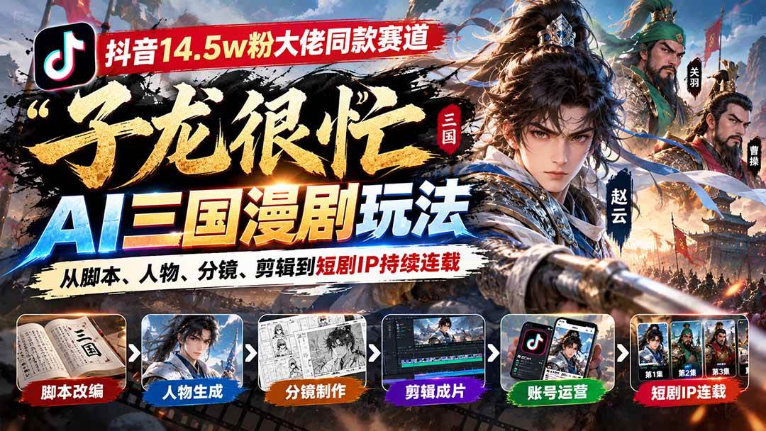 （20818期）抖音14.5w粉大佬同款赛道「子龙很忙」AI三国漫剧玩法：从脚本、人物、分镜、剪辑到短剧IP持续连载-驿想项目网
