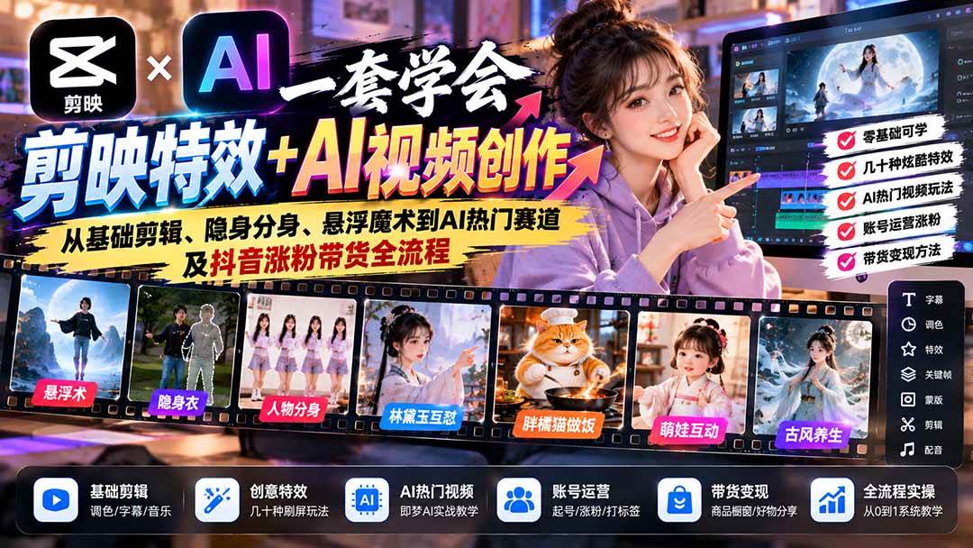 （20999期）一套学会剪映特效+AI视频创作：从基础剪辑、隐身分身、悬浮魔术到AI热门赛道及抖音涨粉带货全流程-驿想项目网