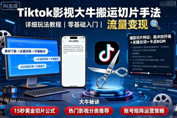 Tiktok影视大牛搬运切片手法，详细玩法教程-驿想项目网