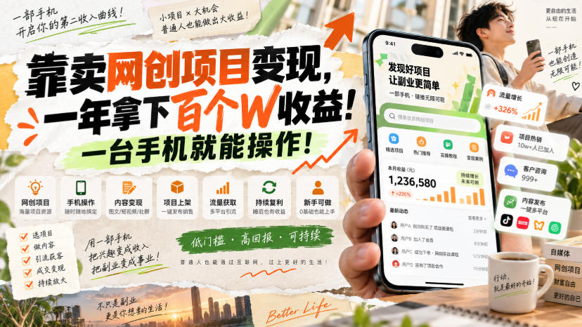 靠卖网创项目变现，一年拿下百个W收益！一台手机就能操作！【揭秘】-驿想项目网
