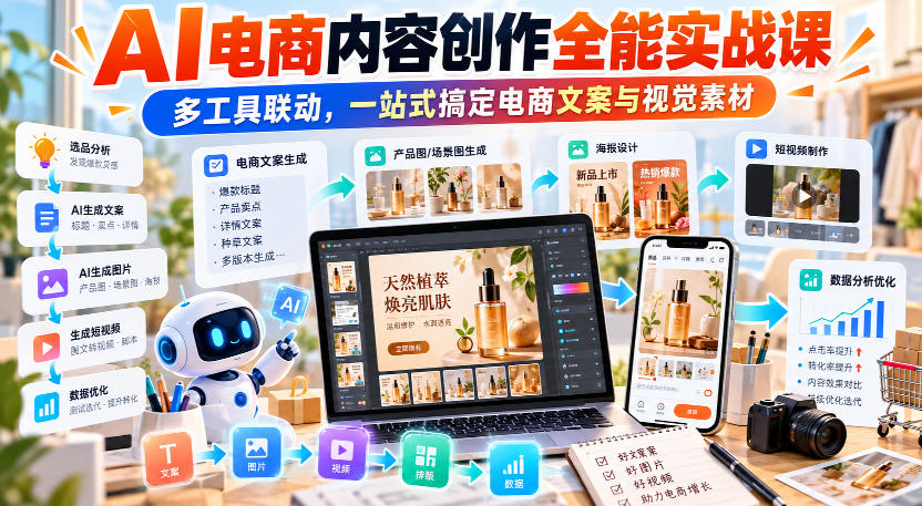 【无水印】AI电商内容创作全能实战课｜多工具联动，一站式搞定电商文案与视觉素材-驿想项目网
