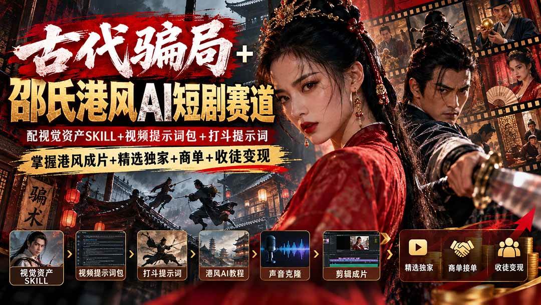 （20684期）古代骗局+邵氏港风AI短剧赛道：配视觉资产SKILL+视频提示词包+打斗提示词，掌握港风成片+精选独家+商单+收徒变现-驿想项目网