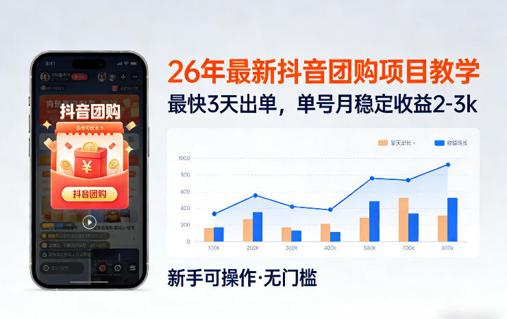 26年最新抖音团购项目教学，0门槛，最快3天出单，单号月稳定收益2-3k-驿想项目网