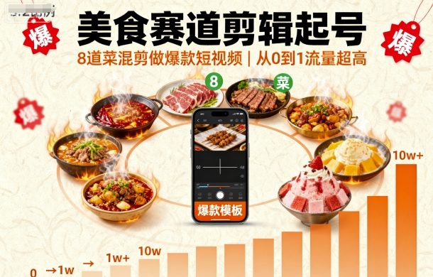 美食赛道剪辑起号，8道菜混剪做爆款短视频，从0到1，流量超高-驿想项目网