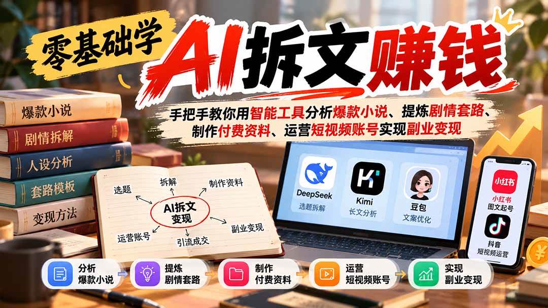（21030期）零基础学AI拆文赚钱：手把手教你用智能工具分析爆款小说、提炼剧情套路、制作付费资料、运营短视频账号实现副业变现-驿想项目网