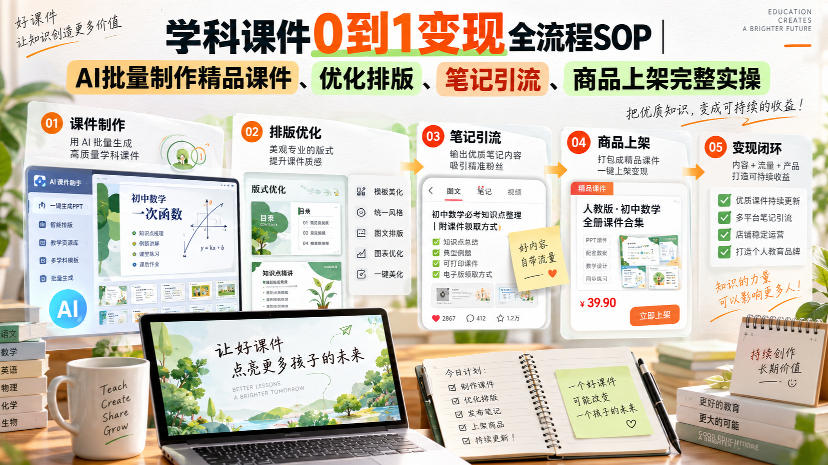 学科课件0到1变现全流程SOP|AI批量制作精品课件、优化排版、笔记引流、商品上架完整实操-驿想项目网