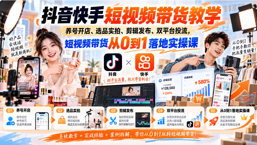 抖音快手短视频带货教学｜养号开店、选品实拍、剪辑发布、双平台投流，短视频带货从0到1落地实操课-驿想项目网