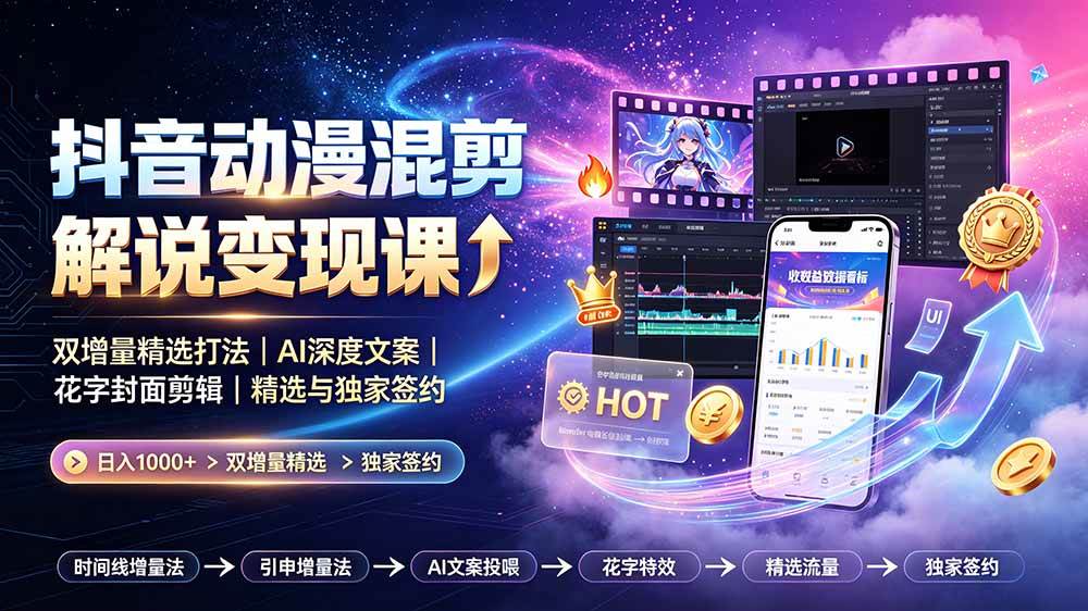 (19311期)抖音动漫混剪解说变现课:双增量精选打法|AI深度文案|花字封面剪辑| 精选与独家签约日入1000+-驿想项目网