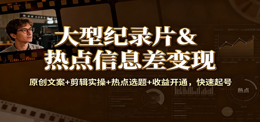 大型纪录片&热点信息差变现:原创文案+剪辑实操+热点选题+收益开通,快速起号-驿想项目网