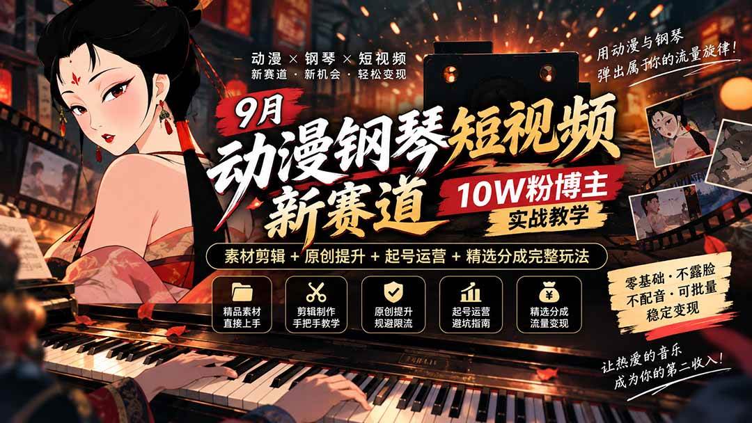 （20506期）9月动漫钢琴短视频新赛道｜10W粉博主实战教学，素材剪辑+原创提升+起号运营+精选分成完整玩法-驿想项目网