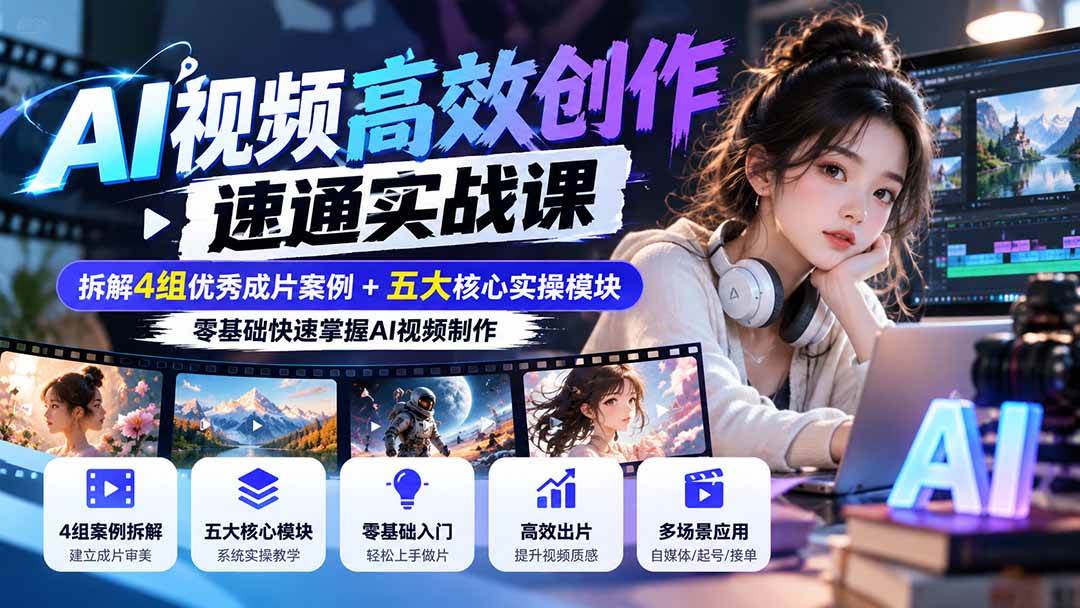 （20819期）【无水印】AI视频高效创作速通实战课：拆解4组优秀成片案例+五大核心实操模块，零基础快速掌握AI视频制作-驿想项目网
