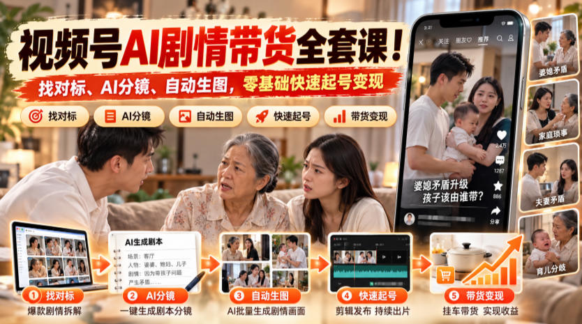视频号AI剧情带货全套课！找对标、AI分镜、自动生图，零基础快速起号变现-驿想项目网