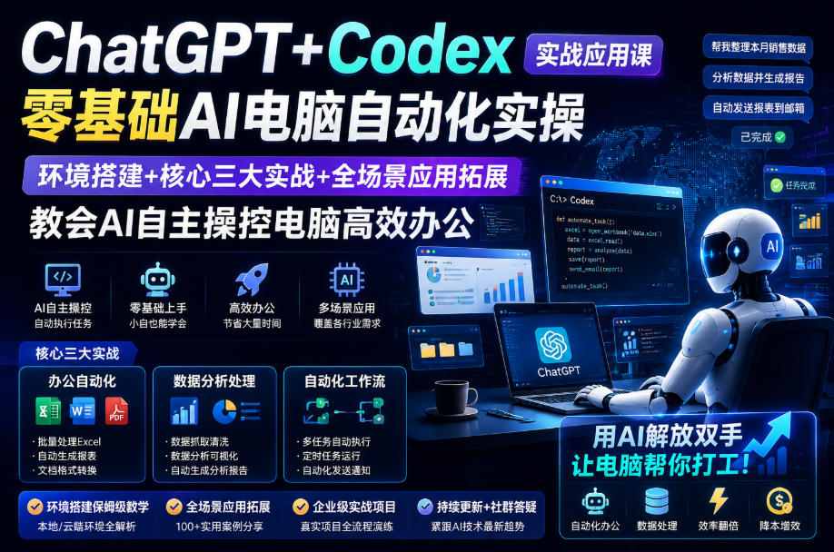 ChatGPT+Codex实战应用课｜零基础AI电脑自动化实操，环境搭建+核心三大实战+全场景应用拓展，教会AI自主操控电脑高效办公-驿想项目网