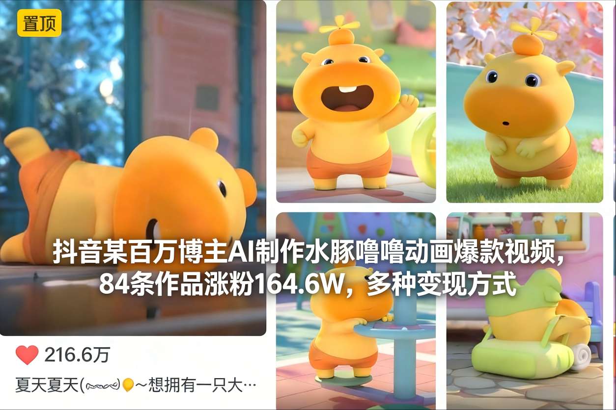 抖音某百万博主AI制作水豚噜噜动画爆款视频，84条作品涨粉164.6W，多种变现方式-驿想项目网