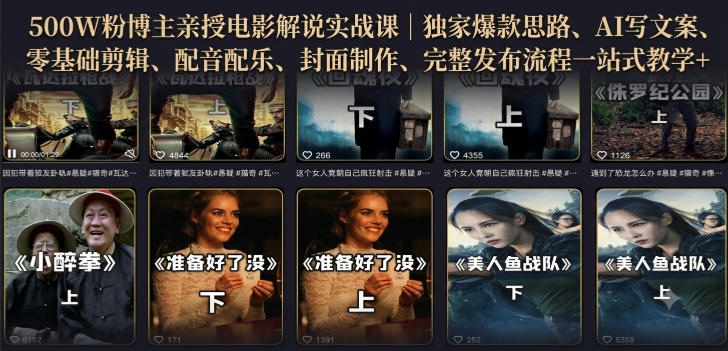 500W粉博主亲授电影解说实战课|精选独家思路、AI写文案、零基础剪辑、配音配乐、封面制作、完整发布流程一站式教学-驿想项目网