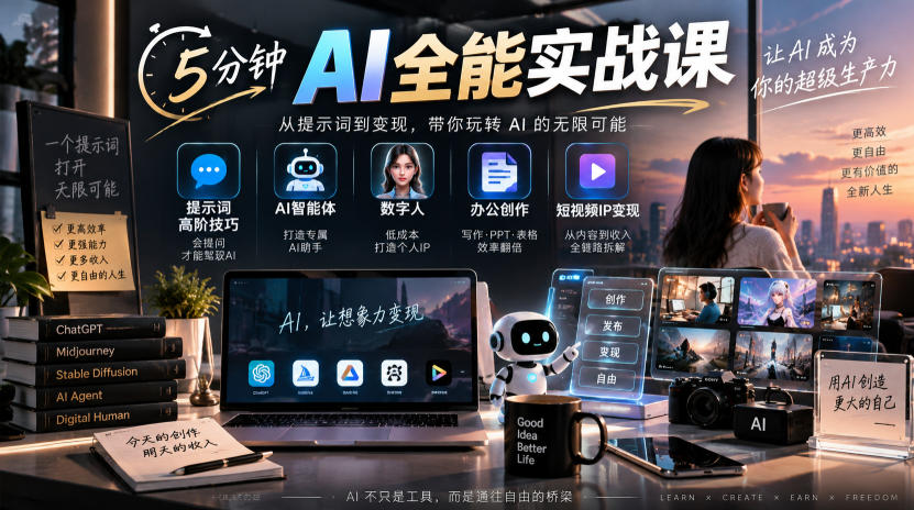 5分钟AI全能实战课｜提示词高阶技巧+AI智能体+数字人+办公创作+短视频IP变现全教程-驿想项目网