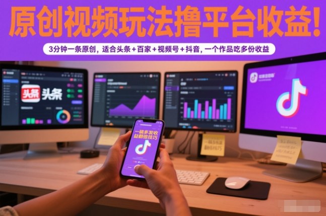 原创视频玩法撸平台收益,3分钟一条原创,适合头条+百家+视频号+抖音,一个作品吃多份收益-驿想项目网