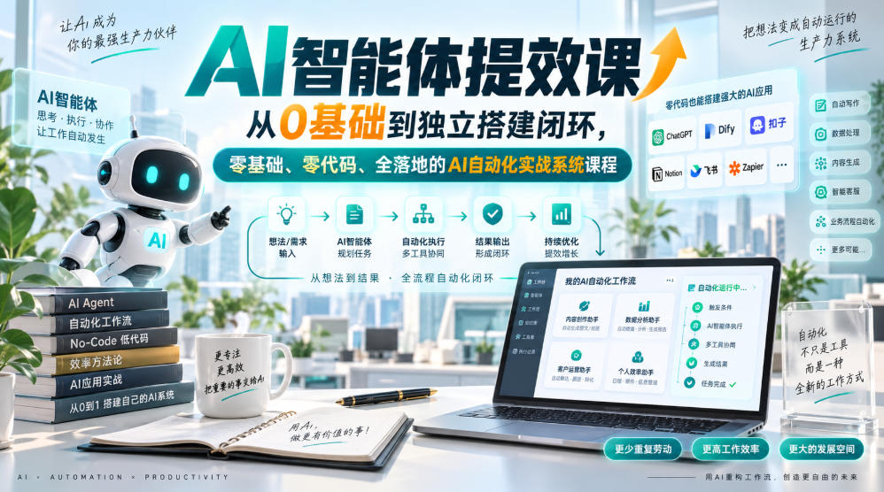 AI智能体提效课,从0基础到独立搭建闭环,零基础、零代码、全落地的AI自动化实战系统课程-驿想项目网